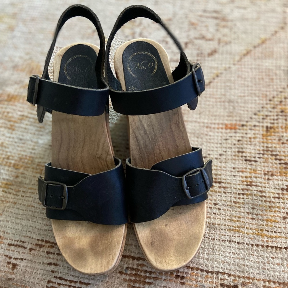 No 6 wedge clog sandals. Soft black leather. Size 40